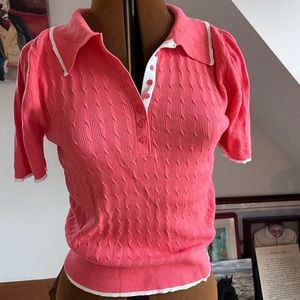 Colour Works Coral Pink cable knit short sleeve polo top